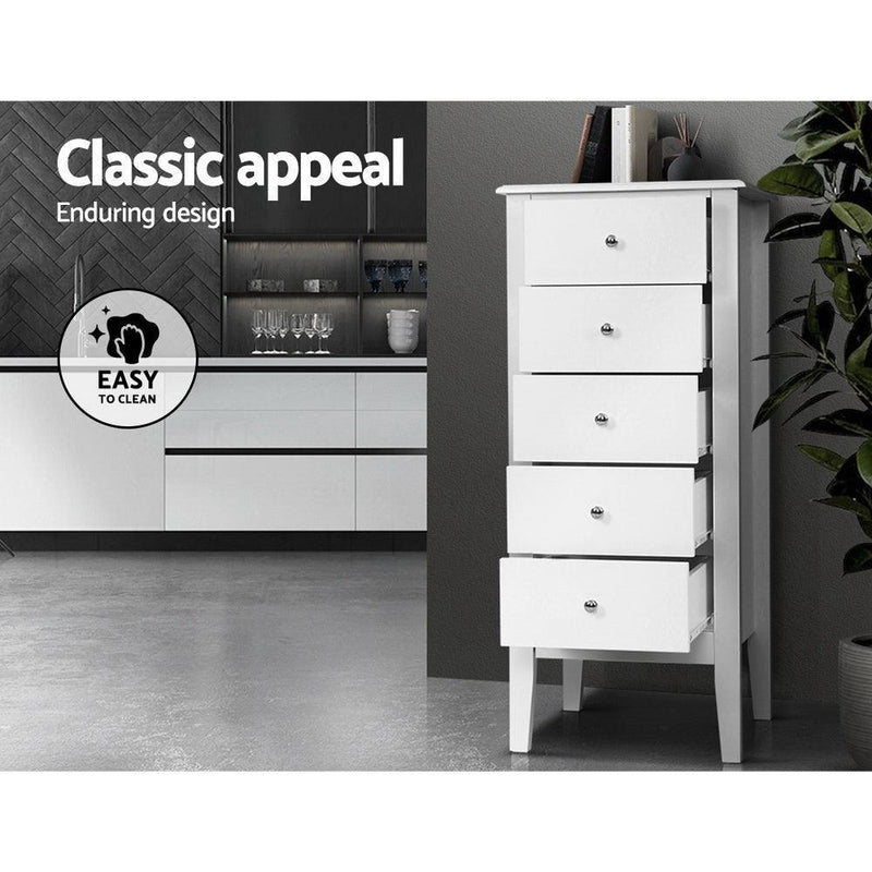 Artiss 5 Tallboy Chest of Drawers Storage Cabinet Bedside Table Dresser White - John Cootes