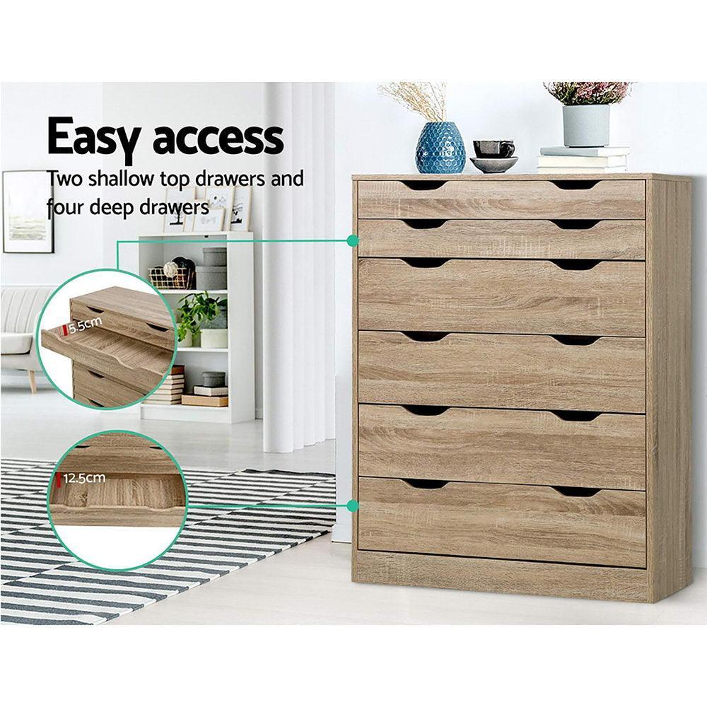 Artiss 6 Chest of Drawers Tallboy Dresser Table Storage Cabinet Oak Bedroom - John Cootes