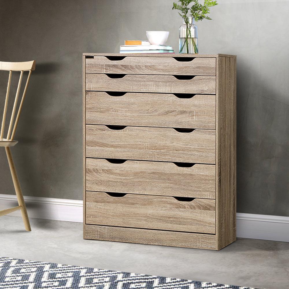 Artiss 6 Chest of Drawers Tallboy Dresser Table Storage Cabinet Oak Bedroom - John Cootes