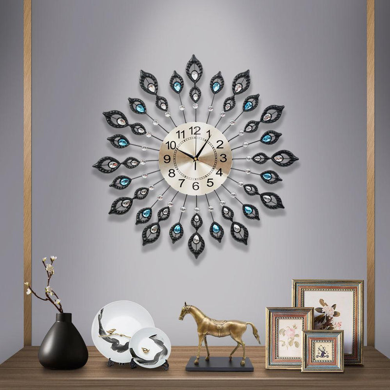 Artiss 60CM Peacock Wall Clock Large 3D Modern Crystal Luxury Round Wall Clocks Home Decor Black - John Cootes
