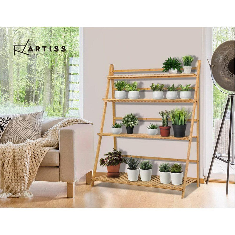 Artiss Bamboo Wooden Ladder Shelf Plant Stand Foldable - John Cootes