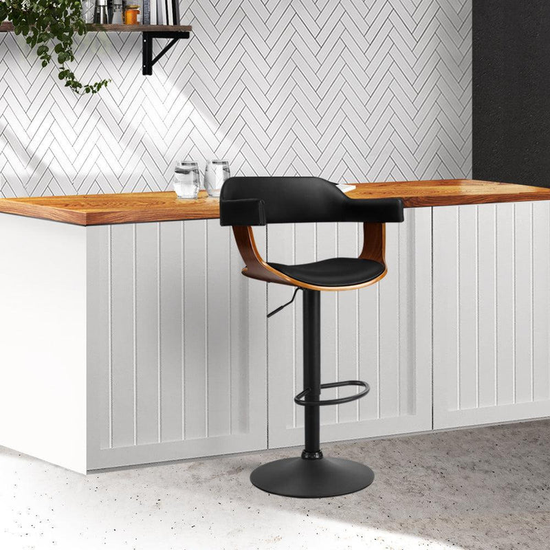Artiss Bar Stool Curved Gas Lift PU Leather - Black and Wood - John Cootes
