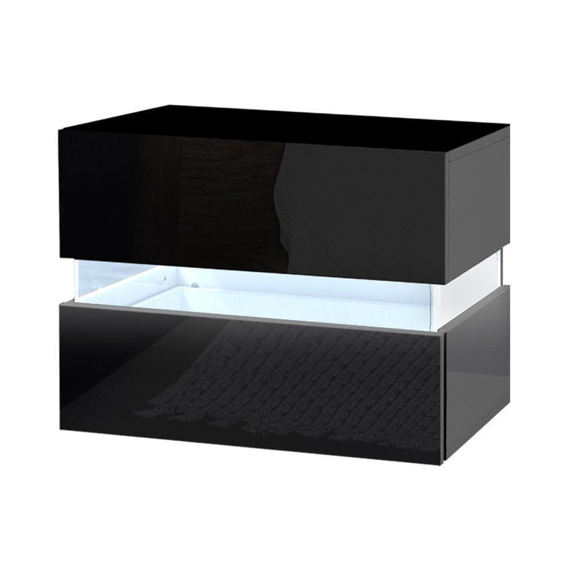 Artiss Bedside Table 2 Drawers RGB LED Side Nightstand High Gloss Cabinet Black - John Cootes