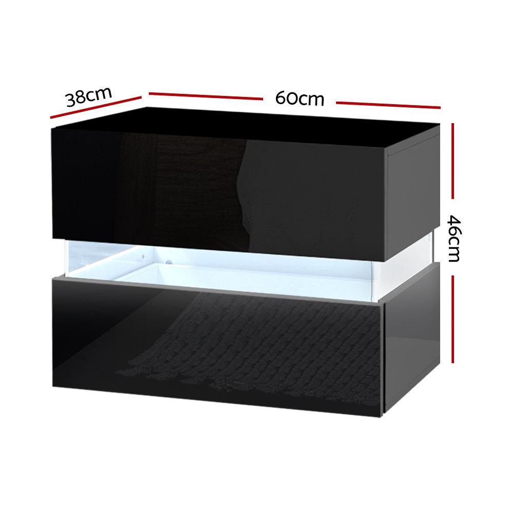 Artiss Bedside Table 2 Drawers RGB LED Side Nightstand High Gloss Cabinet Black - John Cootes