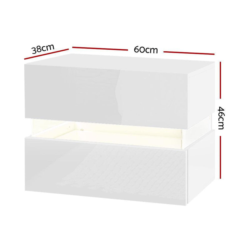Artiss Bedside Table 2 Drawers RGB LED Side Nightstand High Gloss Cabinet White - John Cootes