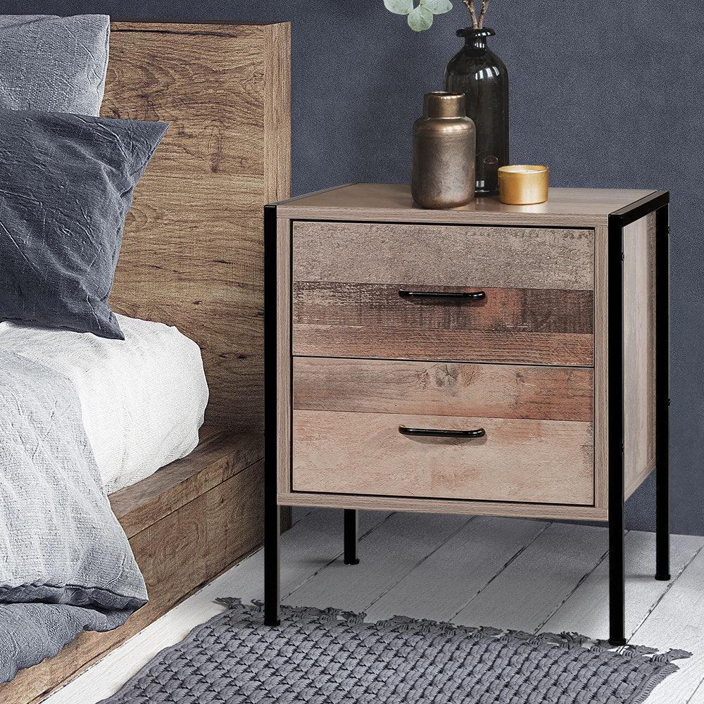 Artiss Bedside Table Drawers Nightstand Metal Oak - John Cootes