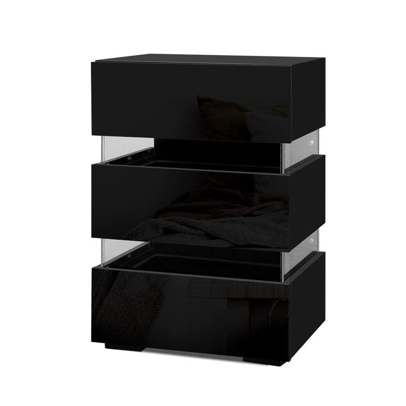 Artiss Bedside Table Side Unit RGB LED Lamp 3 Drawers Nightstand Gloss Furniture Black - John Cootes