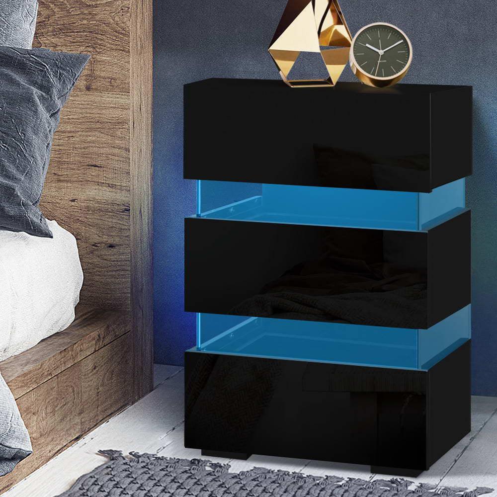 Artiss Bedside Table Side Unit RGB LED Lamp 3 Drawers Nightstand Gloss Furniture Black - John Cootes