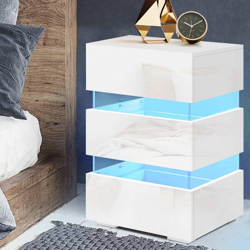 Artiss Bedside Table Side Unit RGB LED Lamp 3 Drawers Nightstand Gloss Furniture White - John Cootes