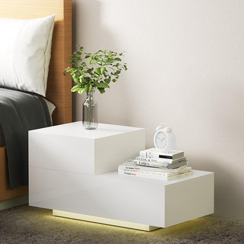 Artiss Bedside Tables 2 Drawers Side Table RGB LED High Gloss Nightstand White - John Cootes