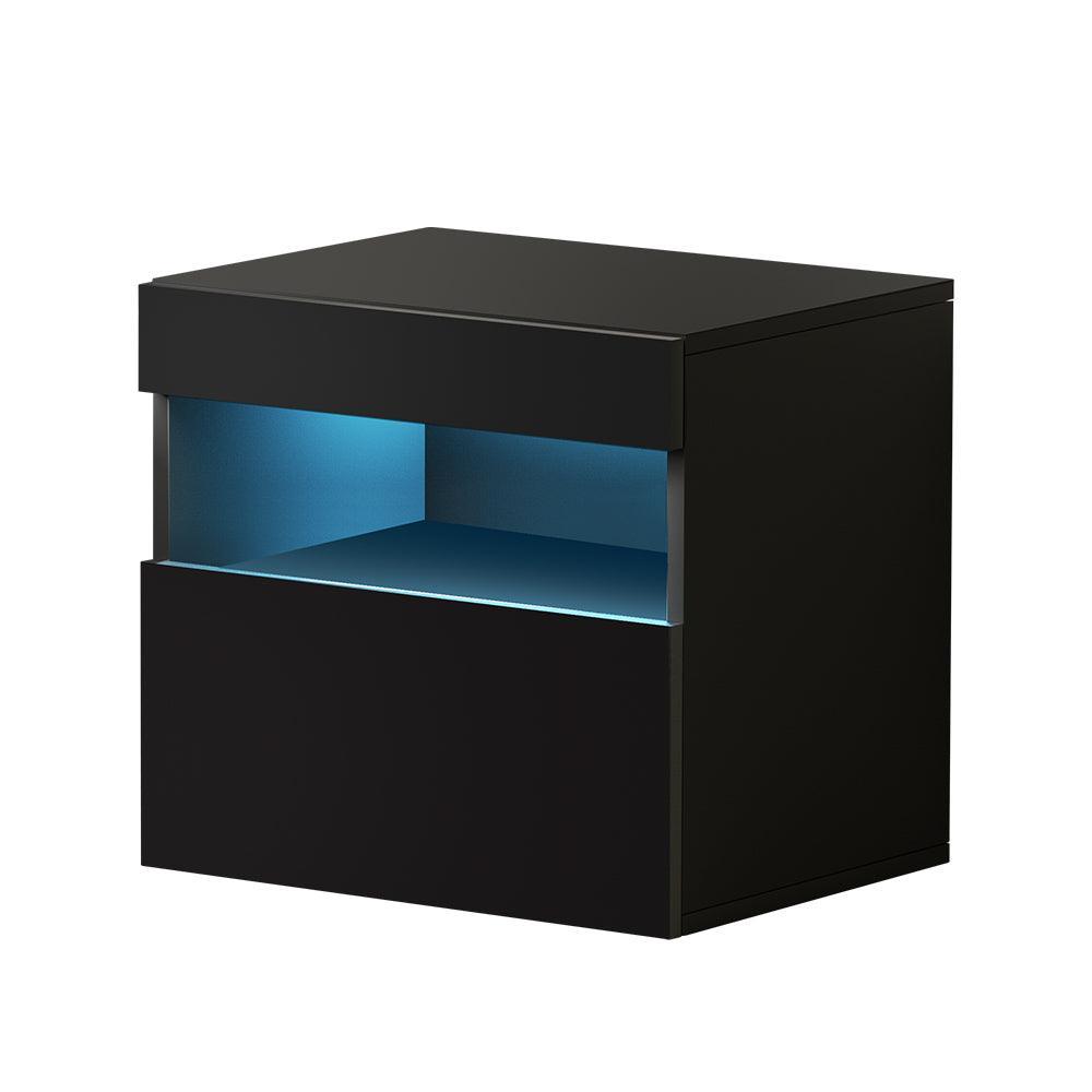 Artiss Bedside Tables Drawers Side Table RGB LED High Gloss Nightstand Black - John Cootes