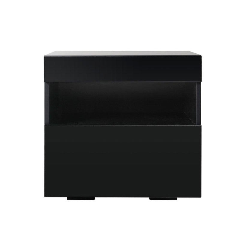 Artiss Bedside Tables Drawers Side Table RGB LED High Gloss Nightstand Black - John Cootes