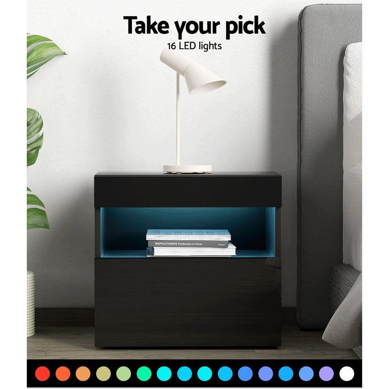 Artiss Bedside Tables Drawers Side Table RGB LED High Gloss Nightstand Black - John Cootes