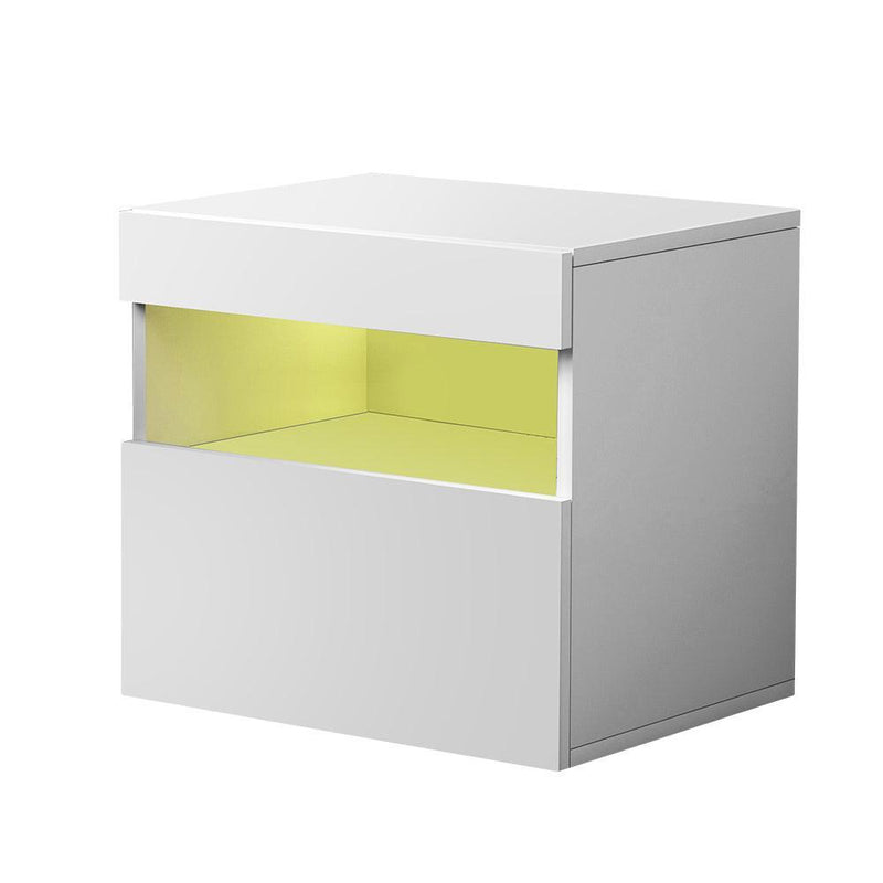 Artiss Bedside Tables Drawers Side Table RGB LED High Gloss Nightstand White - John Cootes