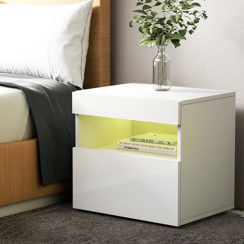 Artiss Bedside Tables Drawers Side Table RGB LED High Gloss Nightstand White - John Cootes