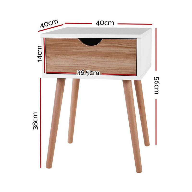 Artiss Bedside Tables Drawers Side Table Storage Cabinet Nightstand Solid Wood Legs Bedroom White - John Cootes