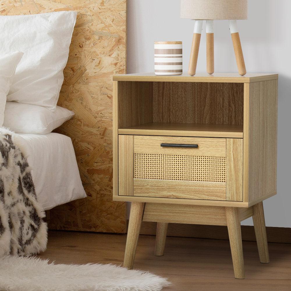 Artiss Bedside Tables Rattan Drawers Side Table Nightstand Storage Cabinet Wood - John Cootes