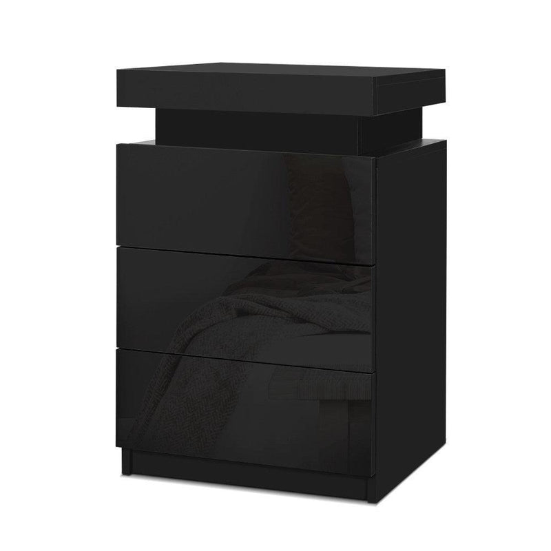 Artiss Bedside Tables Side Table 3 Drawers RGB LED High Gloss Nightstand Black - John Cootes