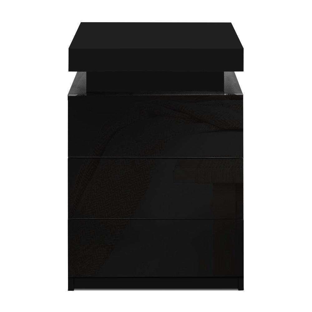 Artiss Bedside Tables Side Table 3 Drawers RGB LED High Gloss Nightstand Black - John Cootes