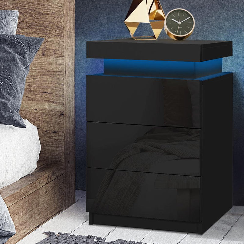 Artiss Bedside Tables Side Table 3 Drawers RGB LED High Gloss Nightstand Black - John Cootes