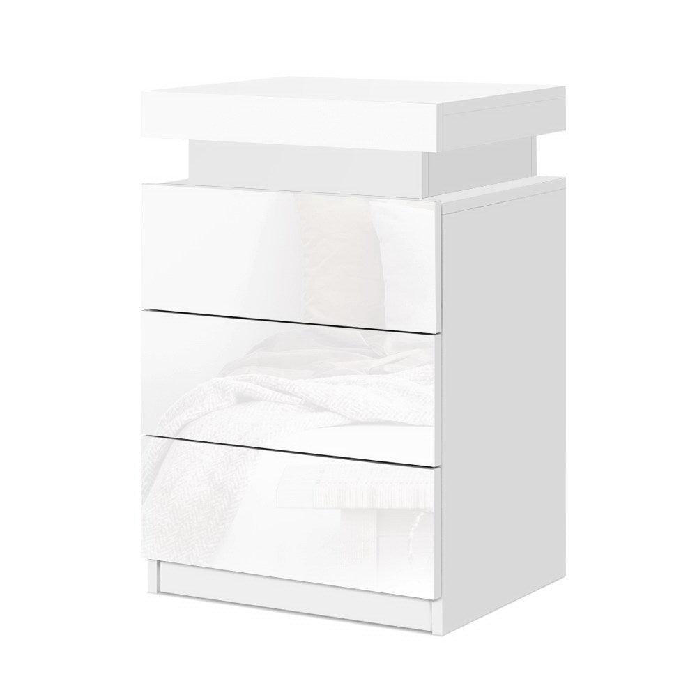 Artiss Bedside Tables Side Table 3 Drawers RGB LED High Gloss Nightstand White - John Cootes