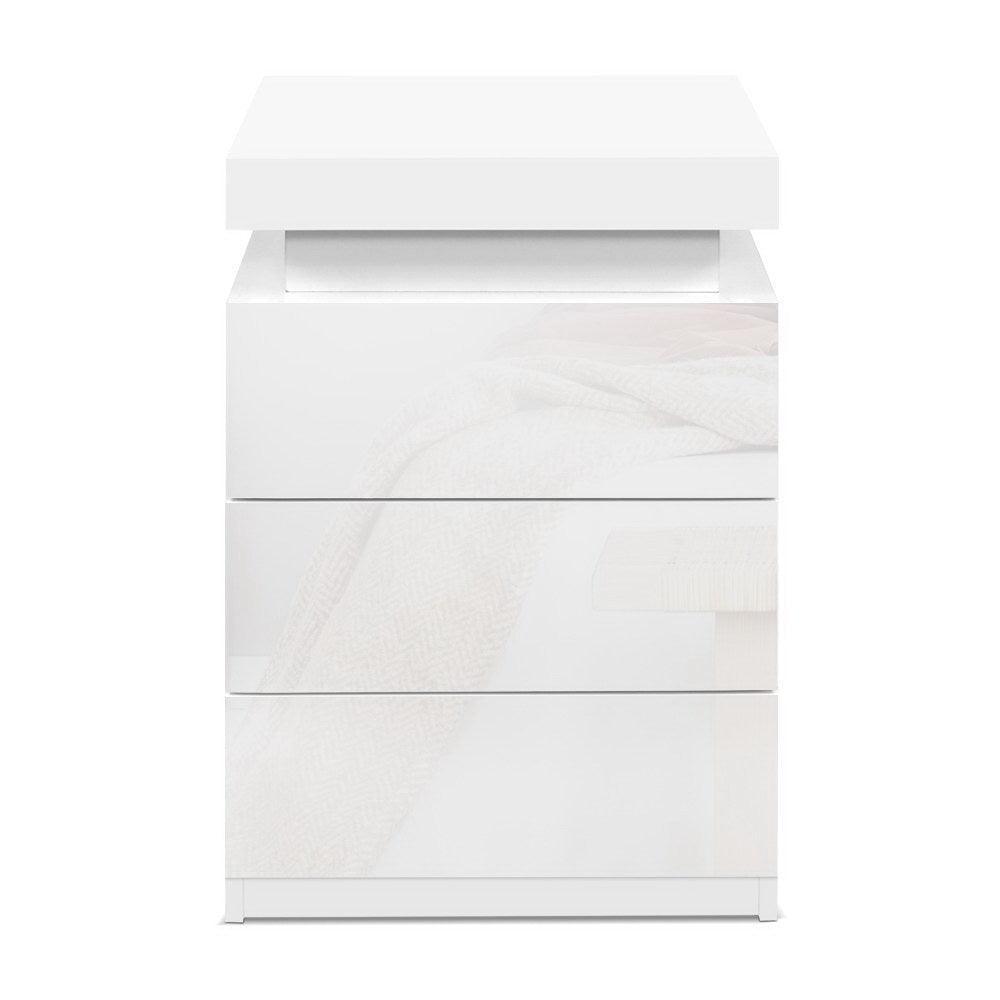 Artiss Bedside Tables Side Table 3 Drawers RGB LED High Gloss Nightstand White - John Cootes