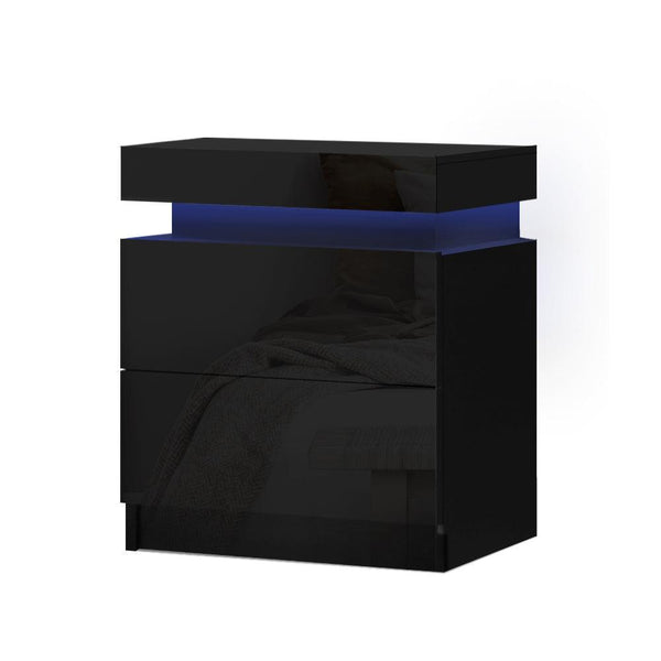 Artiss Bedside Tables Side Table Drawers RGB LED High Gloss Nightstand Black - John Cootes