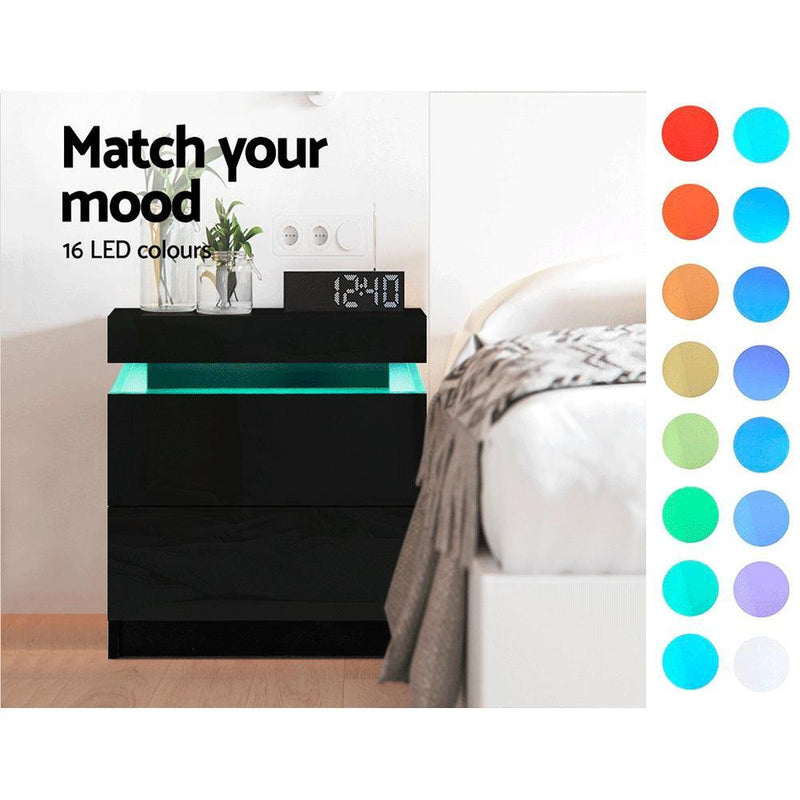 Artiss Bedside Tables Side Table Drawers RGB LED High Gloss Nightstand Black - John Cootes