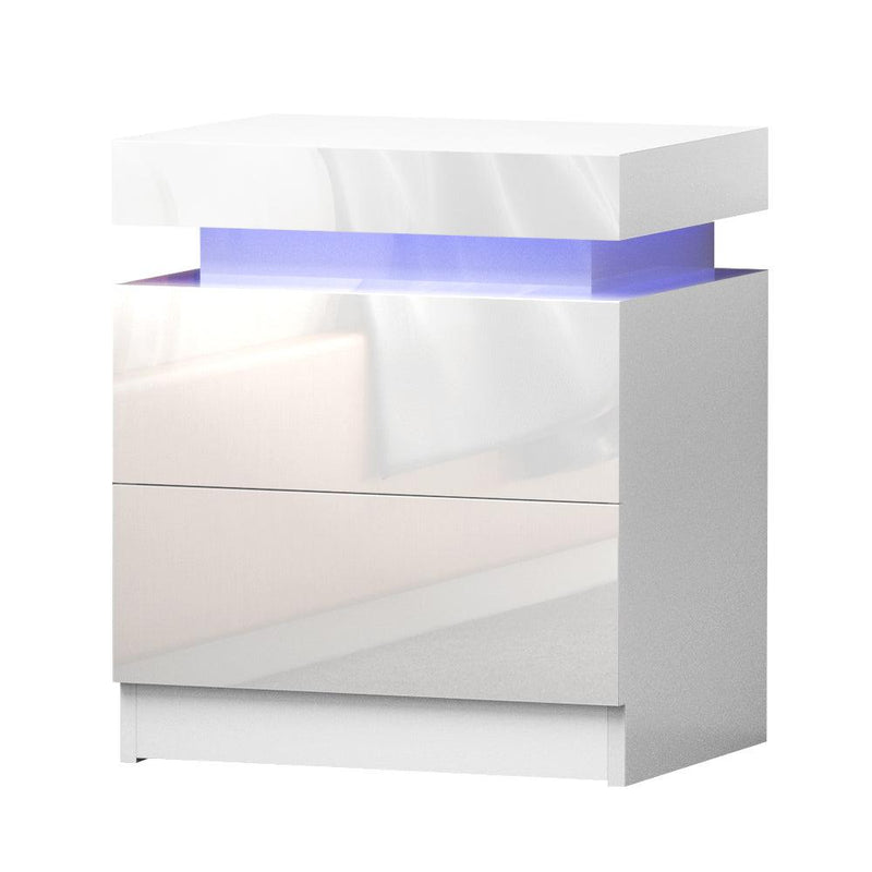 Artiss Bedside Tables Side Table Drawers RGB LED High Gloss Nightstand White - John Cootes