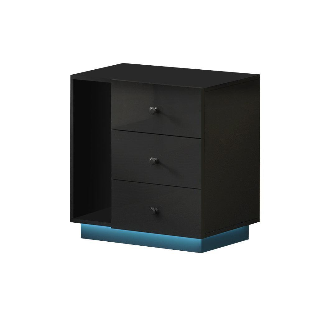 Artiss Bedside Tables Side Table RGB LED 3 Drawers Nightstand High Gloss Black - John Cootes