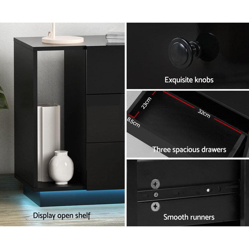 Artiss Bedside Tables Side Table RGB LED 3 Drawers Nightstand High Gloss Black - John Cootes