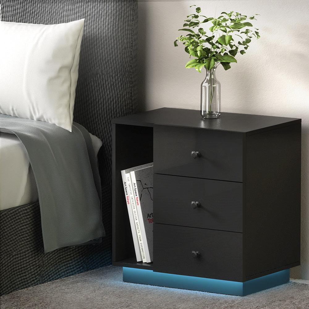 Artiss Bedside Tables Side Table RGB LED 3 Drawers Nightstand High Gloss Black - John Cootes