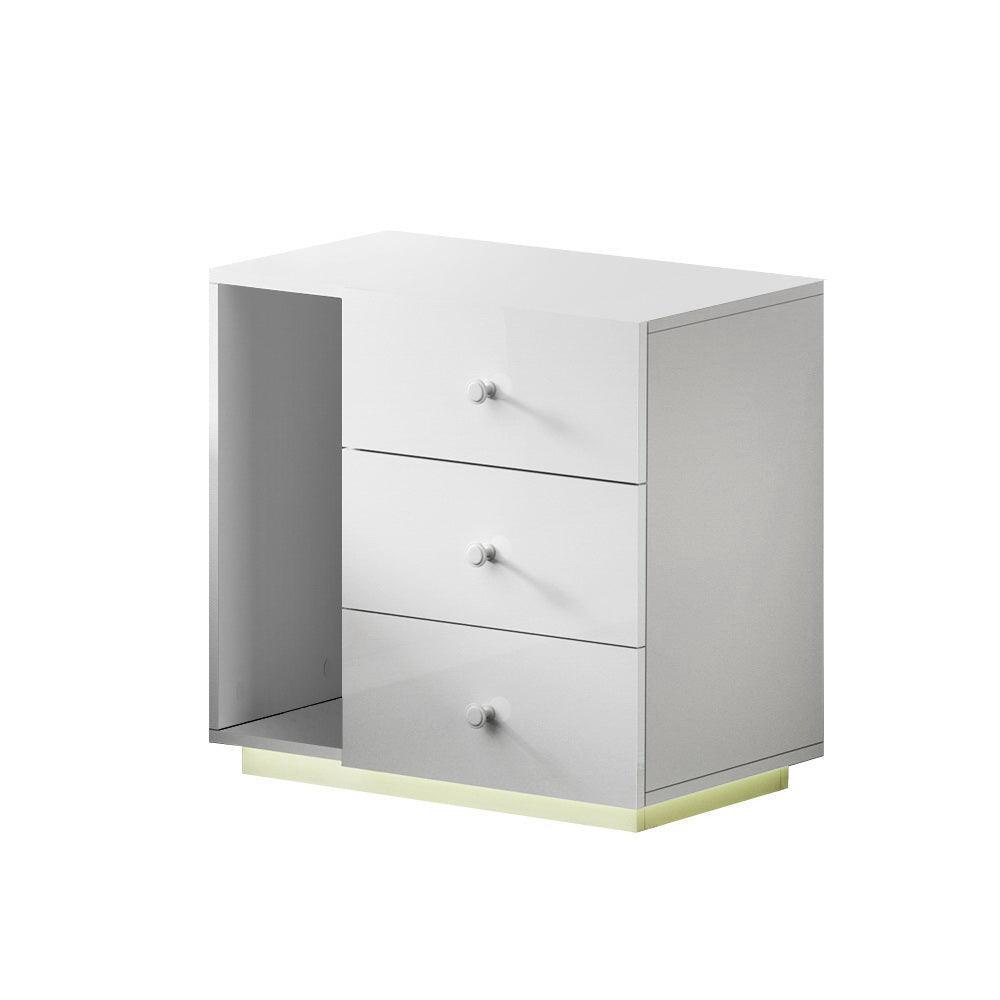 Artiss Bedside Tables Side Table RGB LED 3 Drawers Nightstand High Gloss White - John Cootes