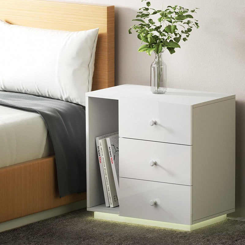 Artiss Bedside Tables Side Table RGB LED 3 Drawers Nightstand High Gloss White - John Cootes
