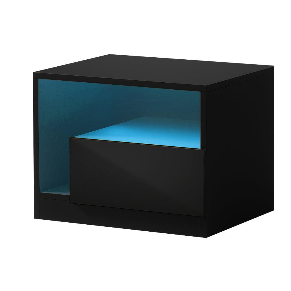 Artiss Bedside Tables Side Table RGB LED Drawers High Gloss Nightstand Black - John Cootes