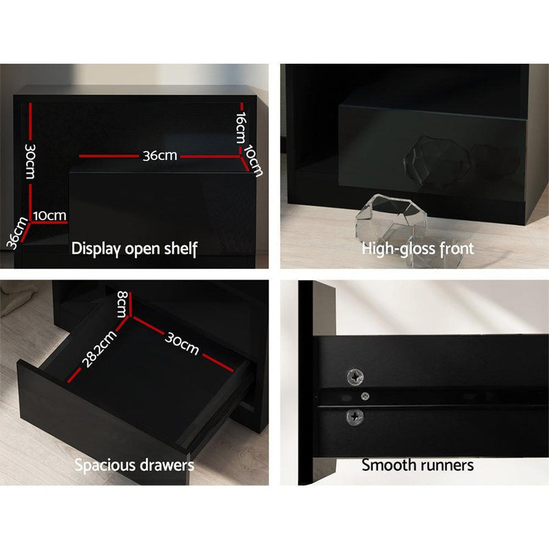 Artiss Bedside Tables Side Table RGB LED Drawers High Gloss Nightstand Black - John Cootes