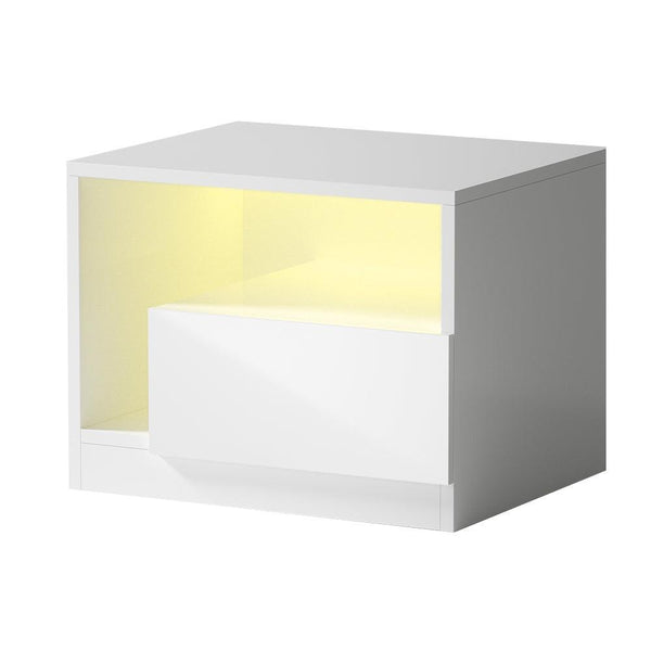 Artiss Bedside Tables Side Table RGB LED Drawers High Gloss Nightstand White - John Cootes