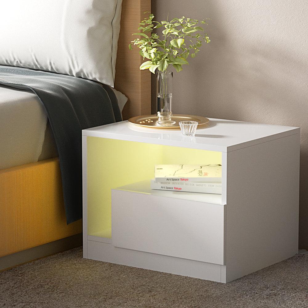 Artiss Bedside Tables Side Table RGB LED Drawers High Gloss Nightstand White - John Cootes