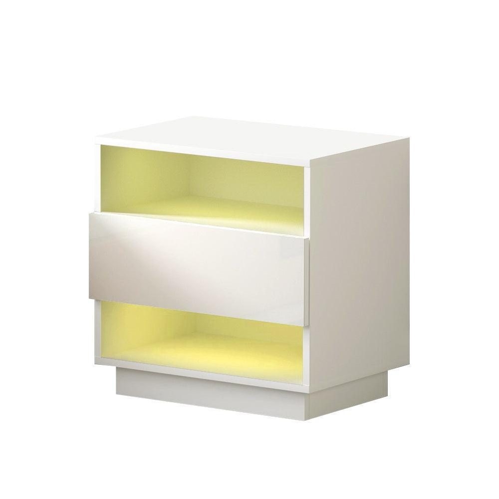 Artiss Bedside Tables Side Table RGB LED Drawers Nightstand High Gloss White - John Cootes