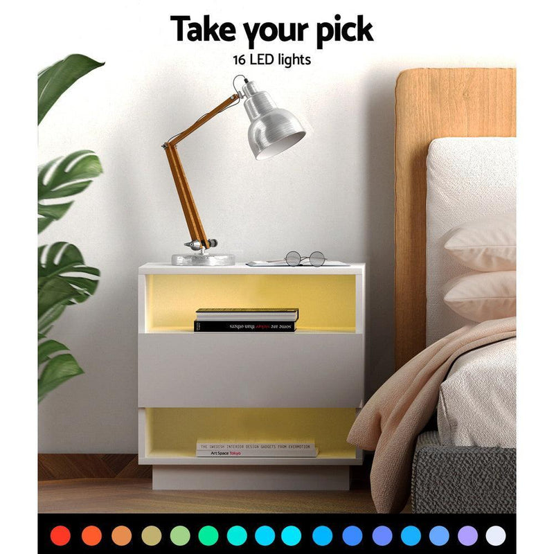 Artiss Bedside Tables Side Table RGB LED Drawers Nightstand High Gloss White - John Cootes