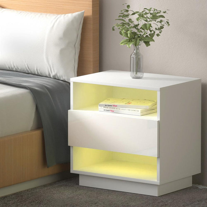 Artiss Bedside Tables Side Table RGB LED Drawers Nightstand High Gloss White - John Cootes