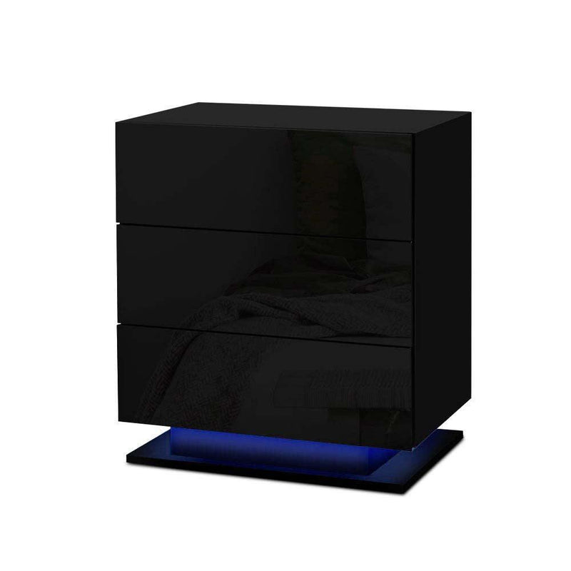 Artiss Bedside Tables Side Table RGB LED Lamp 3 Drawers Nightstand Gloss Black - John Cootes