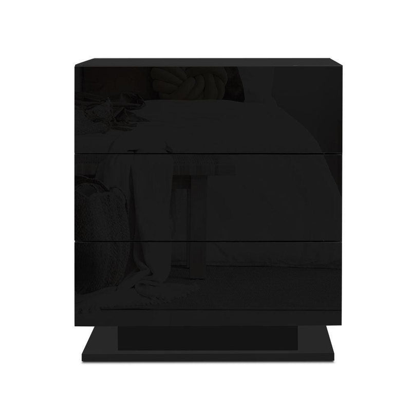 Artiss Bedside Tables Side Table RGB LED Lamp 3 Drawers Nightstand Gloss Black - John Cootes