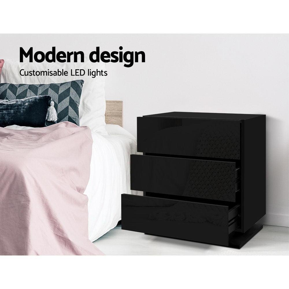 Artiss Bedside Tables Side Table RGB LED Lamp 3 Drawers Nightstand Gloss Black - John Cootes