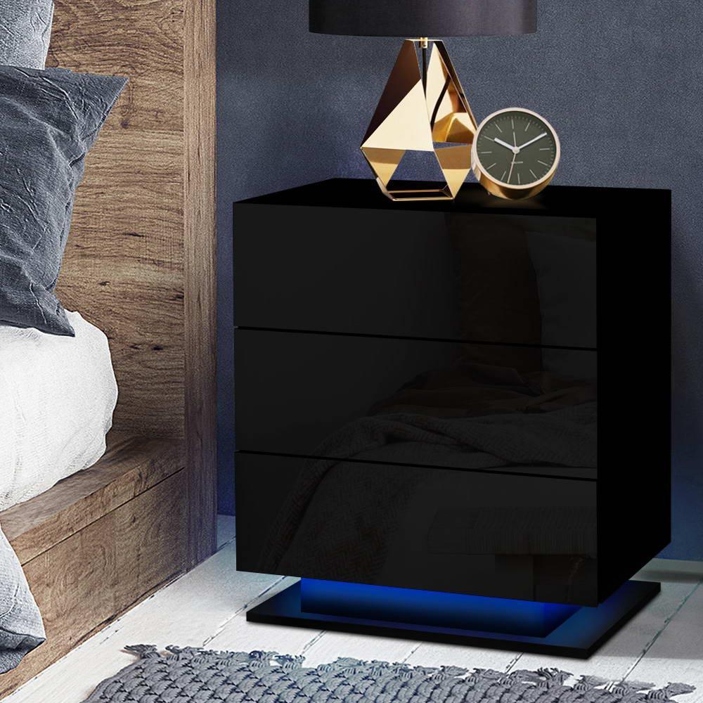 Artiss Bedside Tables Side Table RGB LED Lamp 3 Drawers Nightstand Gloss Black - John Cootes