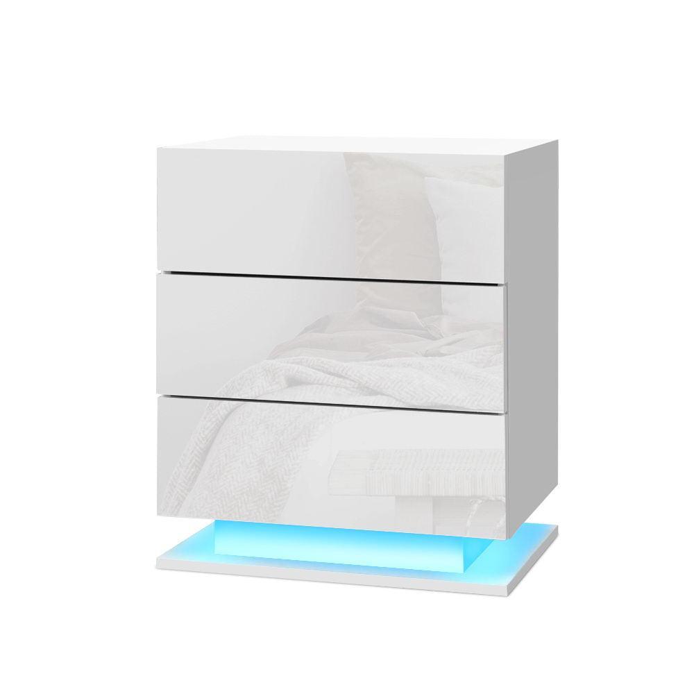 Artiss Bedside Tables Side Table RGB LED Lamp 3 Drawers Nightstand Gloss White - John Cootes