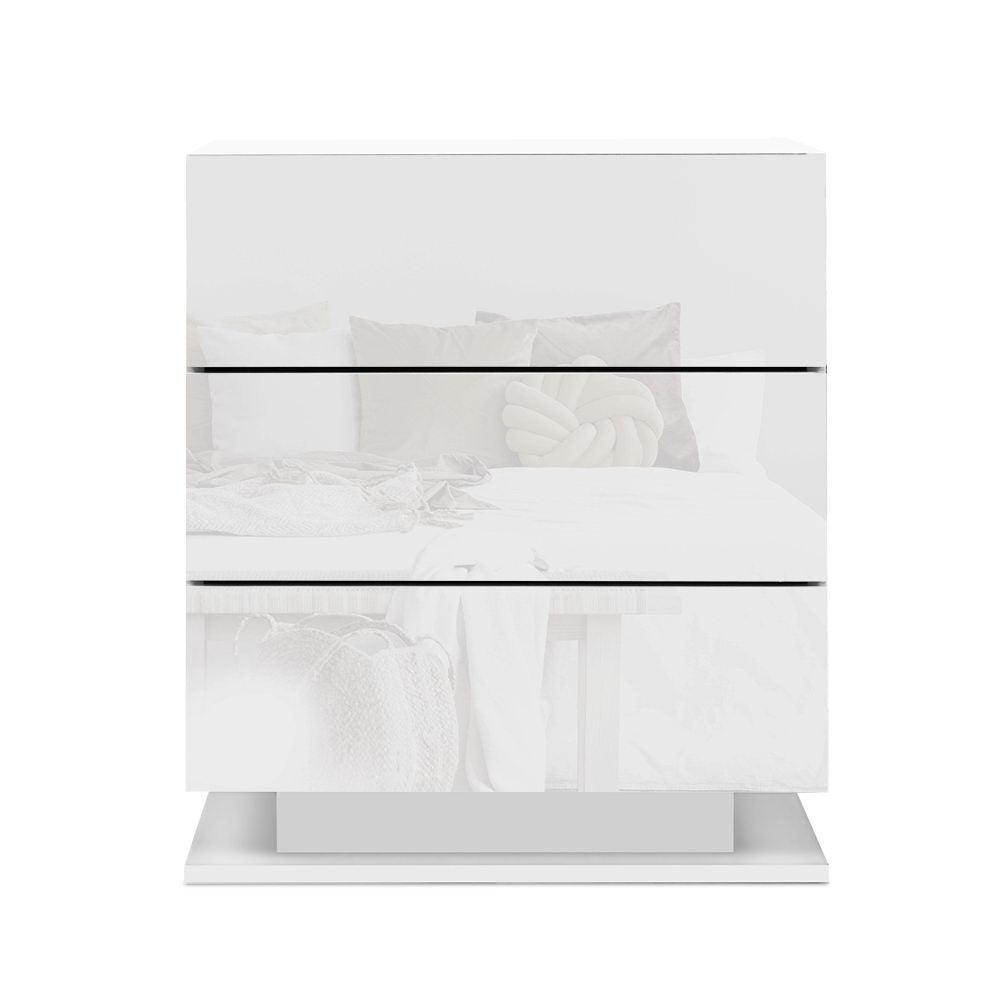 Artiss Bedside Tables Side Table RGB LED Lamp 3 Drawers Nightstand Gloss White - John Cootes