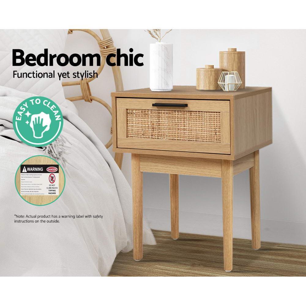 Artiss Bedside Tables Table 1 Drawer Storage Cabinet Rattan Wood Nightstand - John Cootes