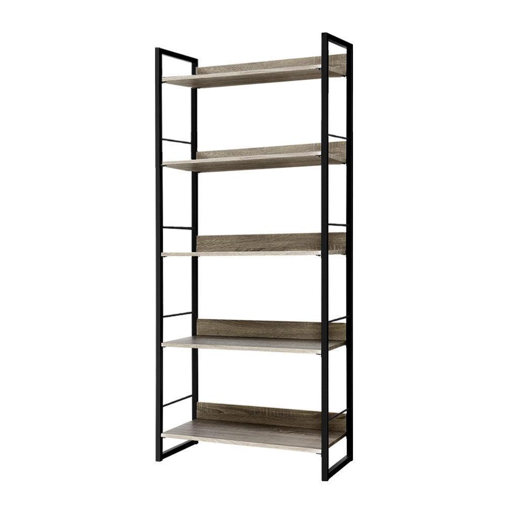 Artiss Bookshelf Wooden Display Shelves Bookcase Shelf Storage Metal Wall Black - John Cootes