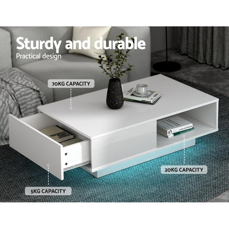 Artiss Coffee Table LED Lights High Gloss Storage Drawer Modern Furniture White - John Cootes